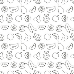 Seamless vector patterns with fruits. Black and white background with strawberry, banana, apple, pear, watermelon and cherry. Series of Fruits and Vegetables Seamless Patterns