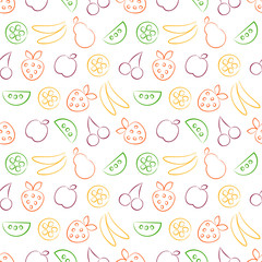 Seamless vector patterns with fruits. Colorful background with strawberry, banana, apple, pear, watermelon and cherry. Series of Fruits and Vegetables Seamless Patterns