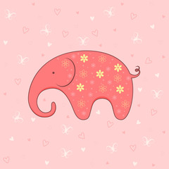 Vector illustration of red elephant on background with butterflies and hearts