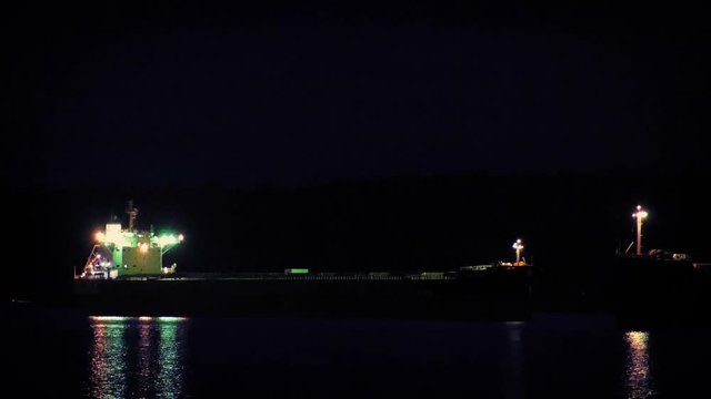 Tanker Ship In Bay At Night