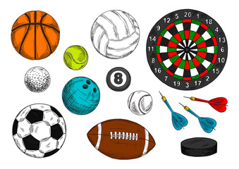 Fototapeta premium Sporting balls, hockey puck, dart board sketches