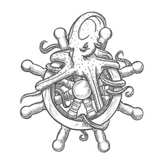 Angry octopus on ship helm sketch symbol © Vector Tradition