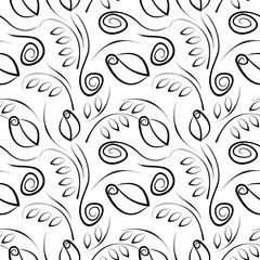 Seamless vector floral pattern. Decorative ornamental black and white background with flowers, leaves and decorative elements. Series of Floral Seamless Patterns - 108174983