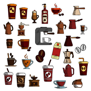Retro sketched coffee cups and pots symbols