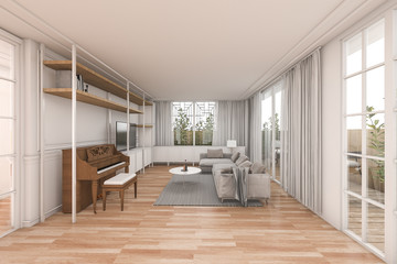 Fototapeta na wymiar 3d rendering nice wood living room with nice furniture in white home