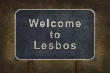 Welcome to Lesbos roadside sign illustration