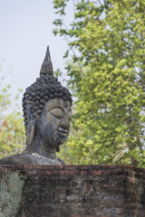 Obraz premium Big buddha image with green leafs background Sukhothai province Thailand.