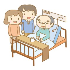 入院中のシニア男性とお見舞い客