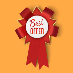 Realistic red fabric award ribbon isolated on orange background. Vector illustration.