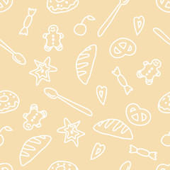 Bakery seamless  pattern.Yellow coloured. Set of delicious objects.