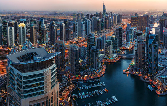 Dubai Marina Skyline By Night. United Arab Emirates. Travel Background. 