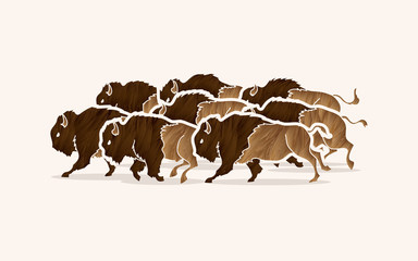 Group of buffalo running designed using grunge brush graphic vector - obrazy, fototapety, plakaty