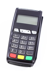 Payment terminal on white background, cashless paying for shopping, finance concept