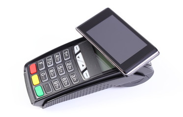 Payment terminal with mobile phone with NFC technology on white background, cashless paying for shopping