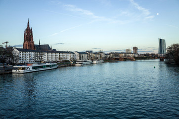 Fototapeta na wymiar River view of The Eiserner Steg.The Eiserner Steg is a pedestria