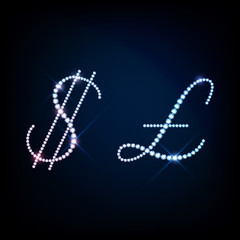 Sparkling diamond gemstone strass thread letter currency Dollar, Pound