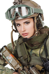 Portrait beautiful woman soldier or private military contractor with rifle. war, army, weapon, technology and people concept. Image on a white background