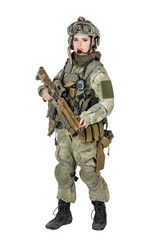 Fototapeta premium Portrait beautiful woman soldier or private military contractor with rifle. war, army, weapon, technology and people concept. Image on a white background