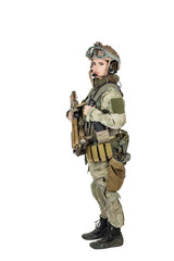 Portrait beautiful woman soldier or private military contractor with rifle. war, army, weapon, technology and people concept. Image on a white background