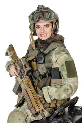 Portrait beautiful soldier or private military contractor with rifle. war, army, weapon, technology and people concept. Image on a white background