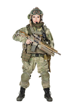 Portrait beautiful woman soldier or private military contractor with rifle. war, army, weapon, technology and people concept. Image on a white background