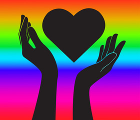 Obraz premium hands holding heart rainbow sign