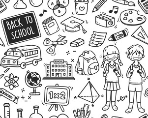 Back to school themed doodle seamless background