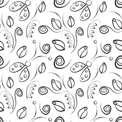 Seamless vector pattern with insect. Decorative black and white background with ladybugs, roses and decorative elements. Series of Animals and Insects Seamless Patterns.