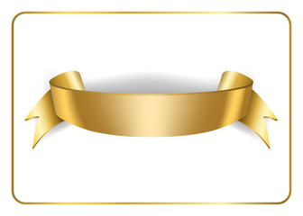 Gold satin empty ribbon. Golden blank banner. Design decoration element, isolated on white background. Vintage retro style. Template flag, greeting, card. Symbol guarantee product. Vector illustration