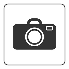 Photo camera icon. Black modern sign isolated on white background. Symbol image, equipment, photographic picture, photographer, photographing. Graphic pictogram. Simple flat design Vector illustration