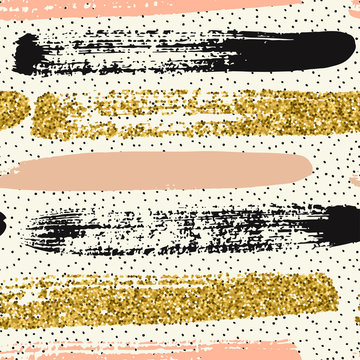 Seamless pattern with gold glitter brush strokes. 
