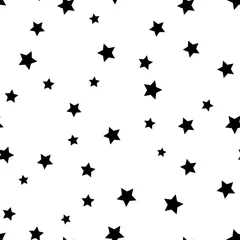 Fototapete Schwarz-weiß Sterne Musterdesign. Schwarz-Weiß-Retro-Hintergrund. Chaotische Elemente. Abstrakte geometrische Formbeschaffenheit. Wirkung des Himmels. Designvorlage für Tapeten, Verpackungen, Stoffe, Textilien Vektorillustration