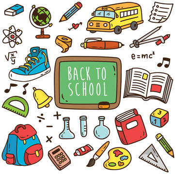 Back To School Themed Cartoon Icon. Set Of School Supplies Cartoon Icon