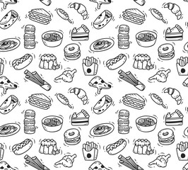 Various food doodle seamless background, restaurant background, various food in doodle style