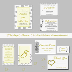 Unique set of wedding  invitation cards with hand drawn elements. Wedding collection. Save the date. RSVP and thank you card for bridal design. Vector postcard with dots and arrow  decoration.