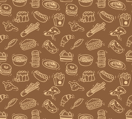 Various food doodle seamless background, restaurant background, various food in doodle style