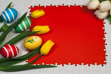 Easter still life on a red background