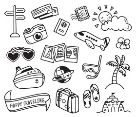 travel themed doodle isolated on white background