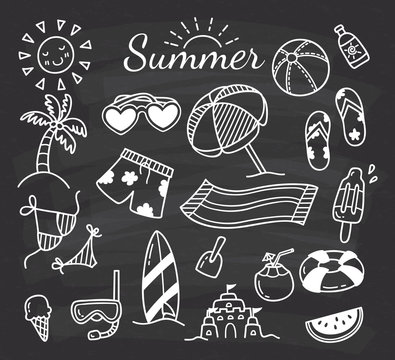 set of summer doodle on chalkboard background