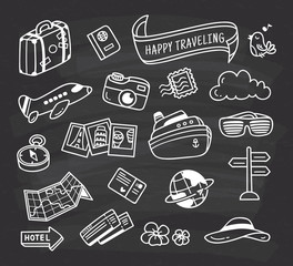 travel themed icon doodle on chalkboard background