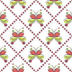 Seamless vector pattern with insect. Decorative symmetrical ornamental background with butterflies and rhombus. Series of Insects Seamless Patterns