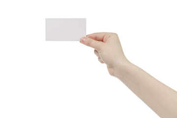 Fototapeta premium young female right hand hold blank white paper card, isolated on white