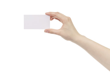 young female right hand hold blank white paper card, isolated on white