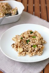 Oyster mushroom with barley grouts and spring onion on the plate