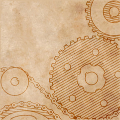 old technical drawing of gears on paper in grunge style