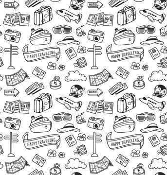travel themed doodle seamless background