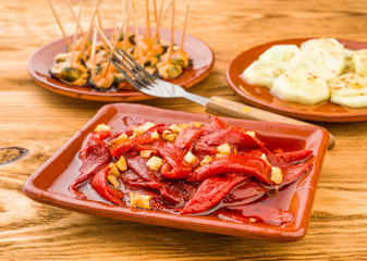 pan roasted peppers and fried skinless