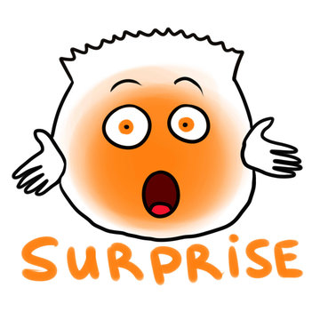 Illustration of one of the basic human emotions - surprise. Orange creature expressing surprise with wide open eyes and mouth and clasped hands isolated on white background