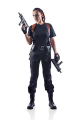 Fototapeta premium Woman police officer is holding 2 guns. Isolated on white.