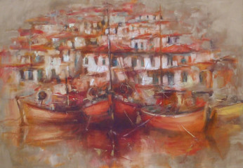 Boats on the island harbor,handmade painting